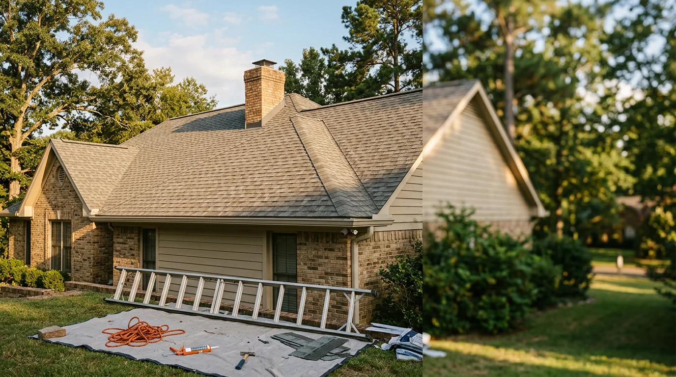 Professional roofer installing shingles on residential home