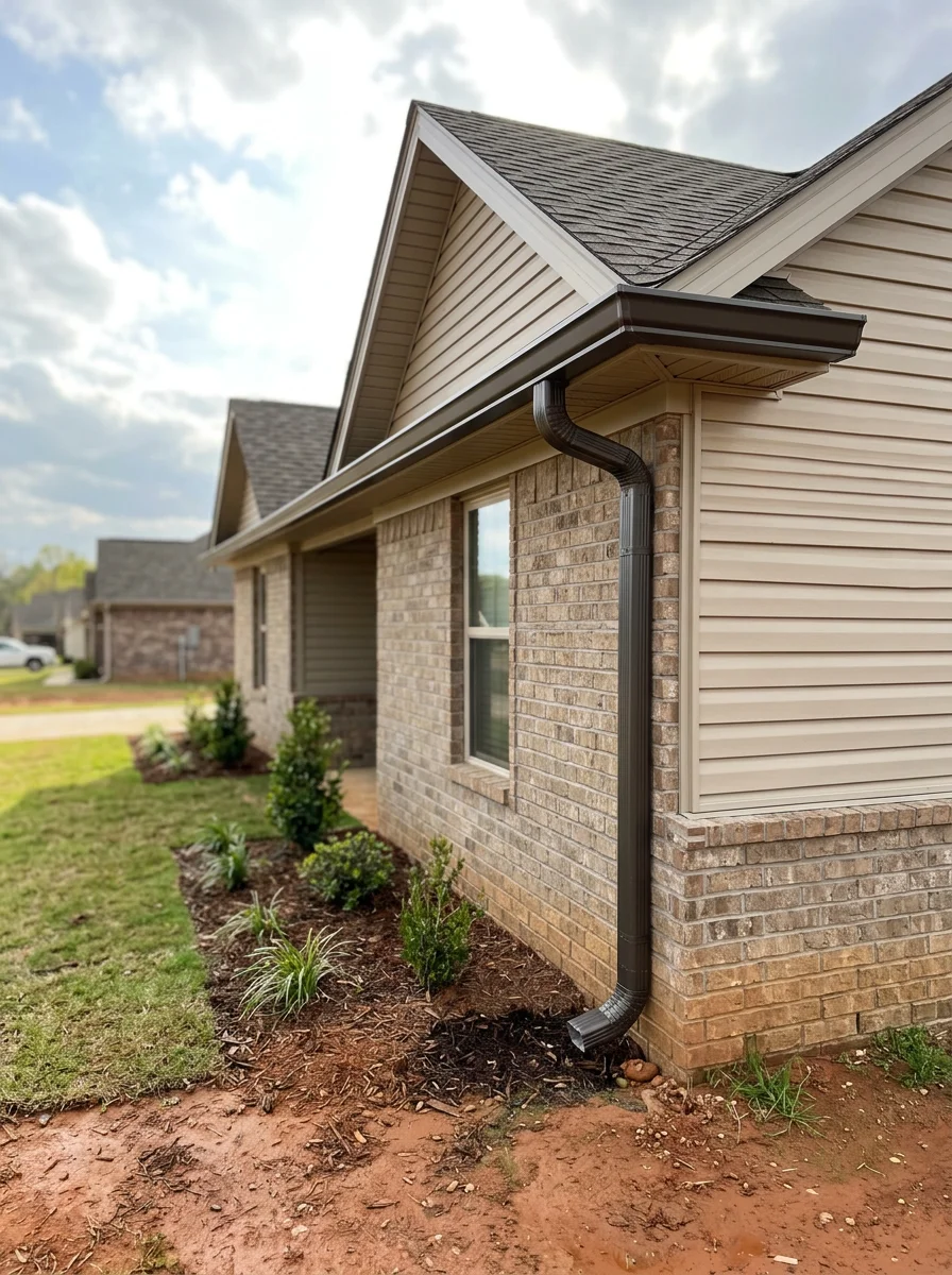 A seamless gutter installation on a newer subdivision home in Benton, Arkansas, with downspouts positioned to discharge water away from the clay-soil foundation.