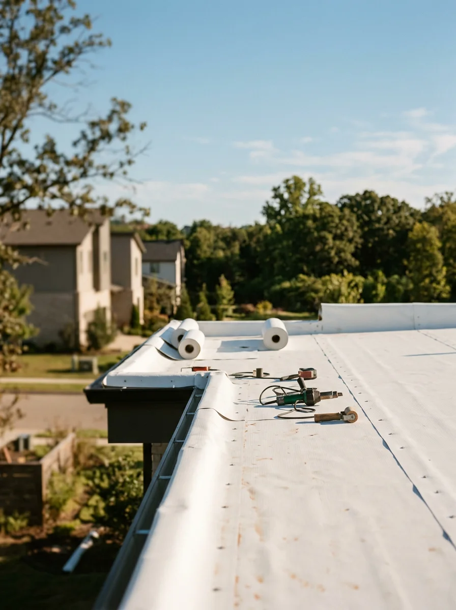 A roofer installing a TPO membrane on a flat-roofed contemporary home in a Bentonville, Arkansas subdivision near Crystal Bridges Museum.