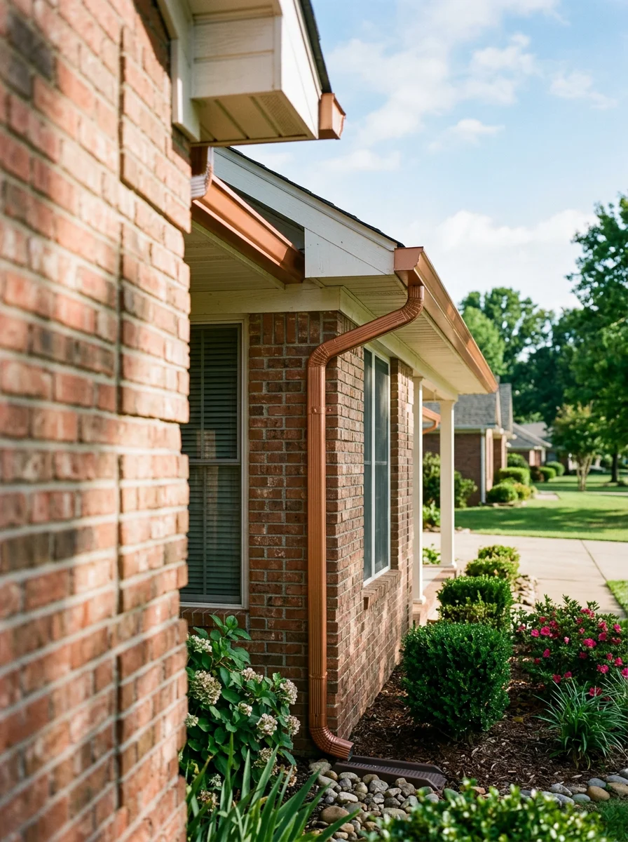 Gutter system installation on brick ranch-style home in Bryant with clear view of fascia and downspout drainage