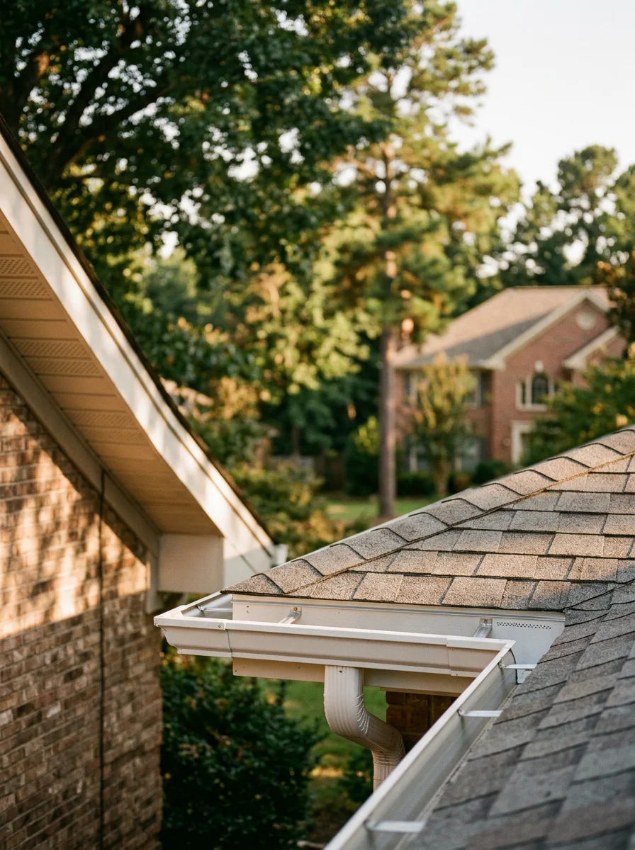 Residential roof in Central Arkansas with proper ventilation and gutters designed to handle summer heat and storm damage
