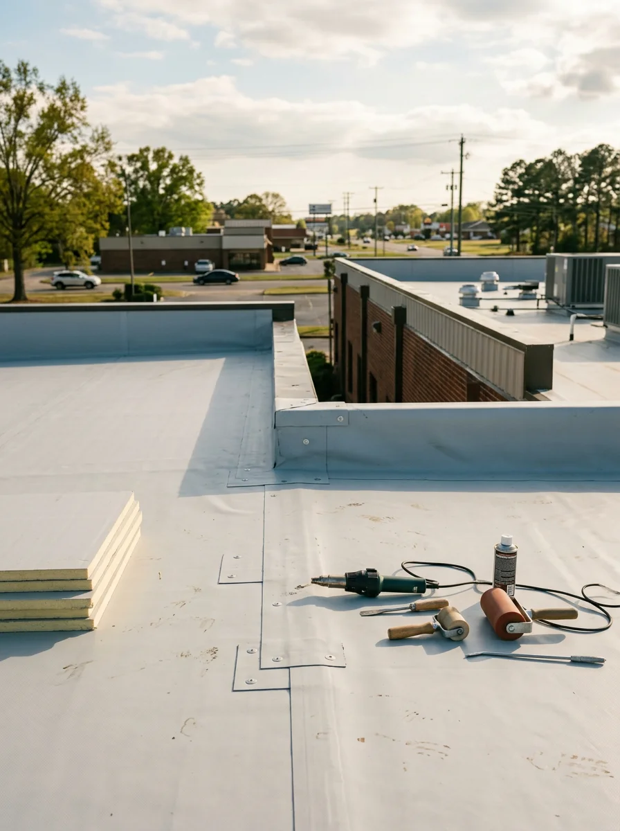 A flat roof membrane installation on a commercial office building along the Dave Ward Drive corridor in Conway, Arkansas.