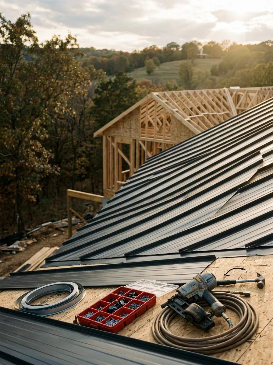 A standing seam metal roof installation on a new construction home in South Fayetteville, Arkansas, with Ozark highland terrain visible in the background.