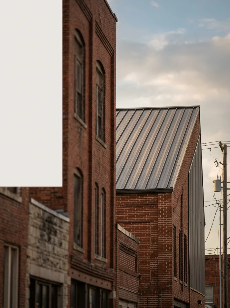 Metal roof installation on Fort Smith commercial building showing standing seam system designed for wind and hail resistance