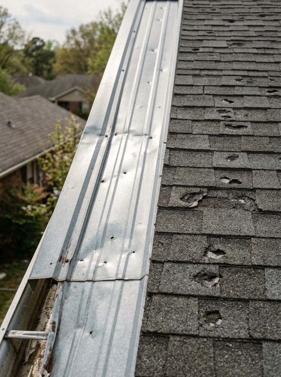 Close-up of hail damage on residential shingles and metal roof panels from spring storm in Garland County