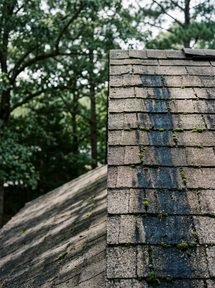 A roofer inspecting algae-streaked shingles on a north-facing slope of a residential home in the Hot Springs, Arkansas foothills.