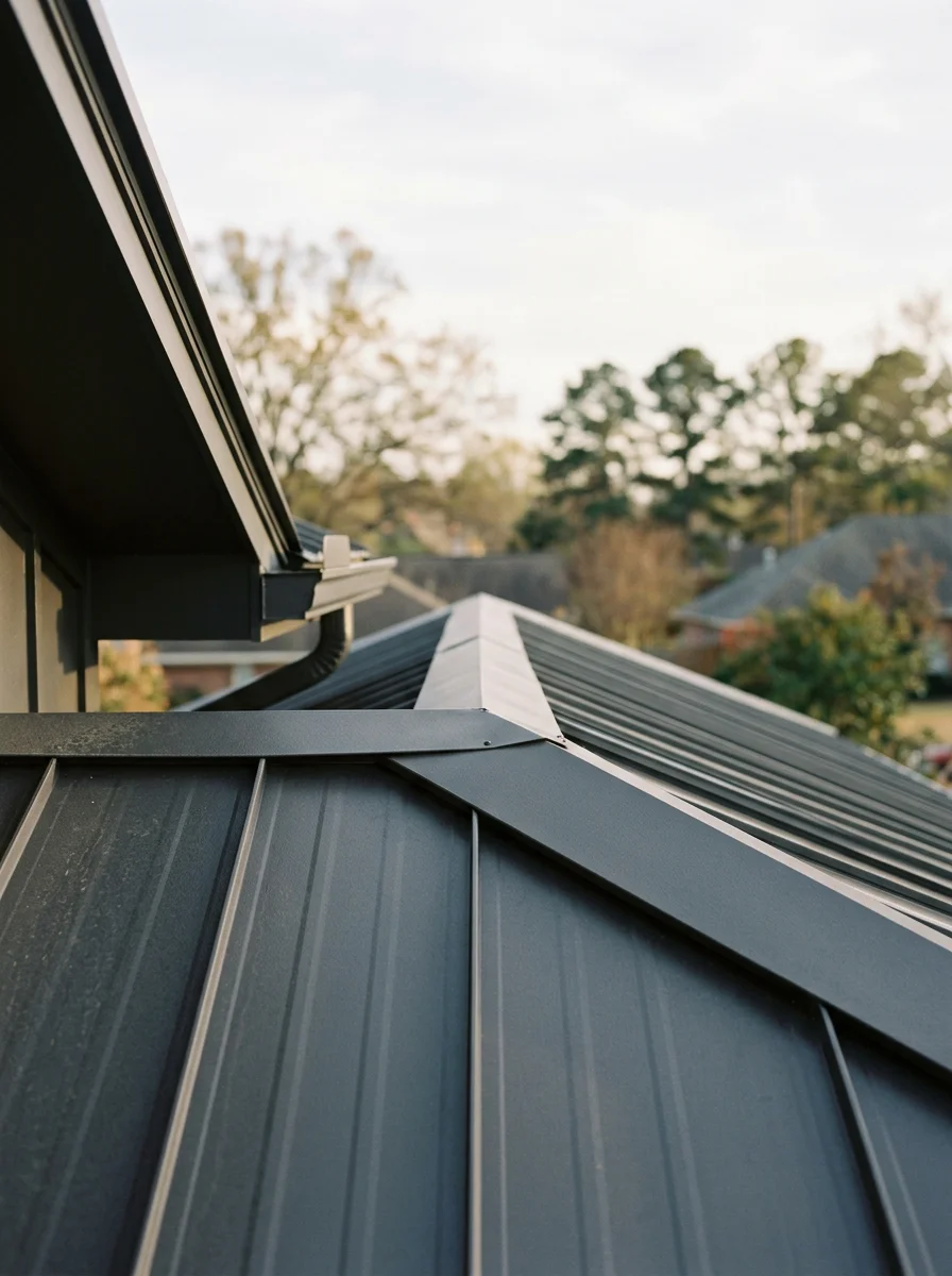 Close-up of a completed metal roof on a West Little Rock home, showing standing seam panels and clean ridge cap detail against a clear Arkansas sky.
