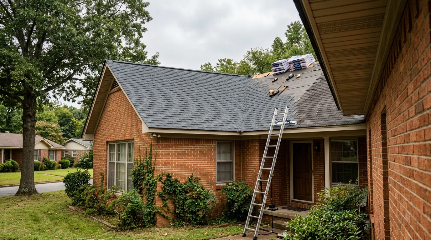 A residential shingle roof replacement in progress on a mid-century brick home in Little Rock, Arkansas, with new architectural shingles being installed on a steep-pitch section.