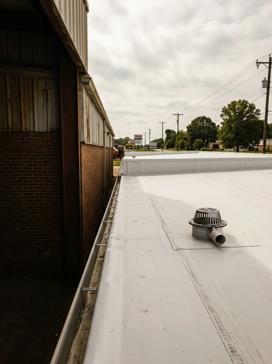 A TPO membrane flat roof installation on a commercial building along the Dollarway Road corridor in Pine Bluff, Arkansas, showing completed seam welding and drain placement.