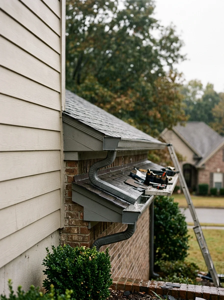 Metal gutter installation on a Bryant home during heavy rainfall