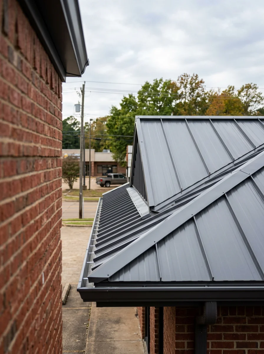A metal roof installation on a commercial building along the Texarkana, Arkansas state line corridor, showing completed standing seam panels and ridge flashing.