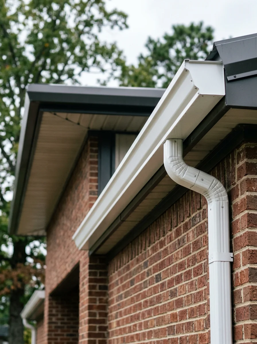Seamless gutter system on commercial building in White County showing proper drainage for heavy rainfall