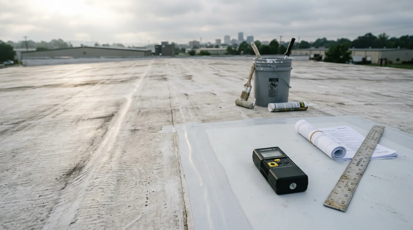 A commercial flat roof on a large building in Little Rock, Arkansas, showing a low-slope membrane system under clear sky. A roofing professional inspects the surface near the rooftop drainage area.