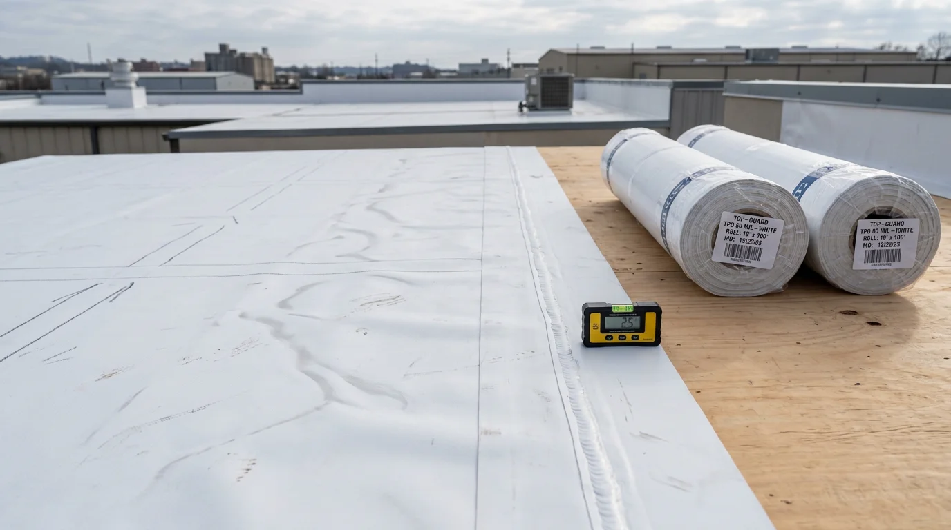 A completed flat roof membrane installation on a commercial building in Little Rock, Arkansas, showing clean seam lines and a properly sloped drainage field under a clear sky.