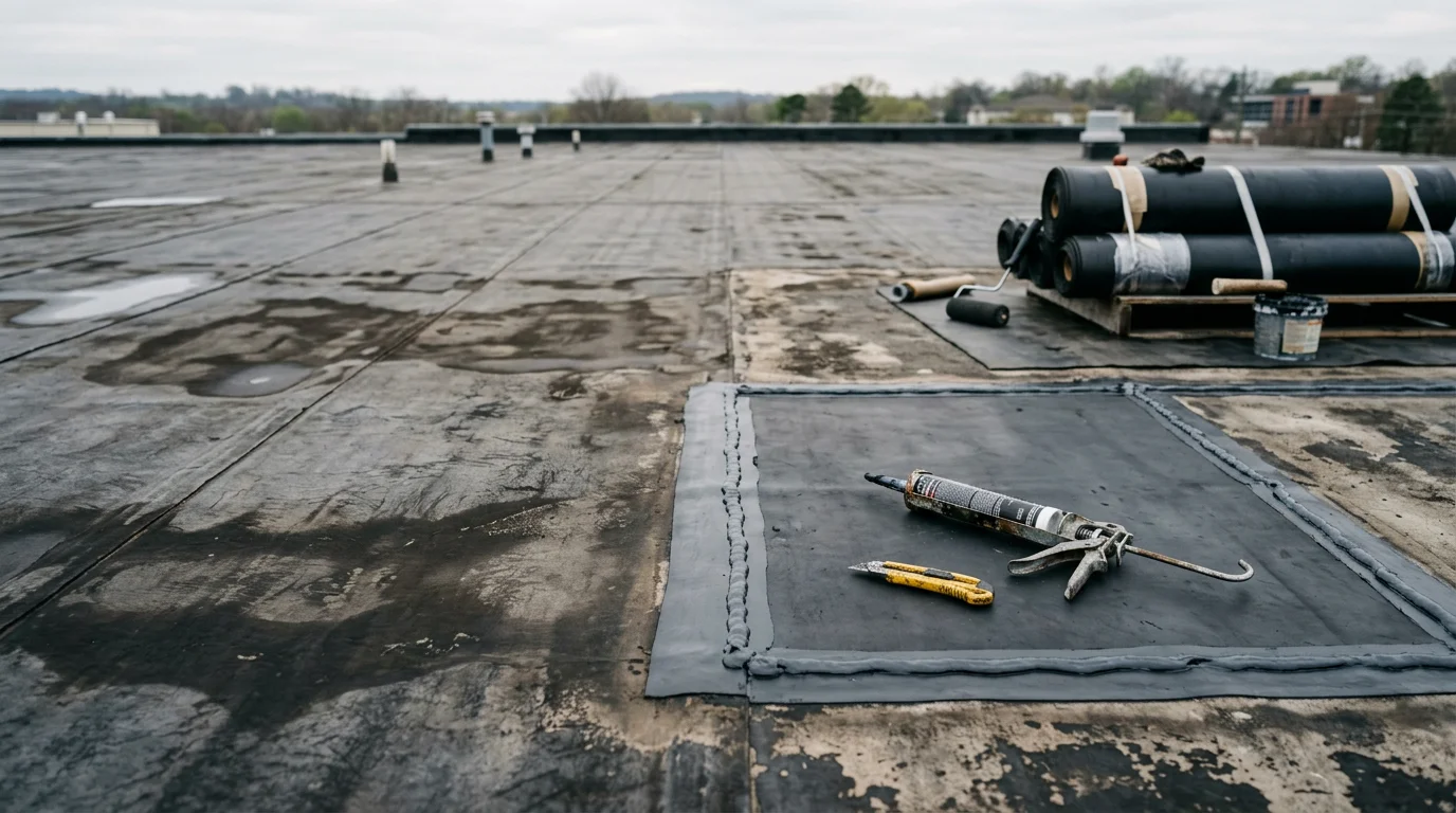 A repaired flat roof membrane on a commercial building in Little Rock, Arkansas, showing patched seams and cleared drainage areas after storm damage. Close-up view of the finished repair surface under clear Central Arkansas skies.