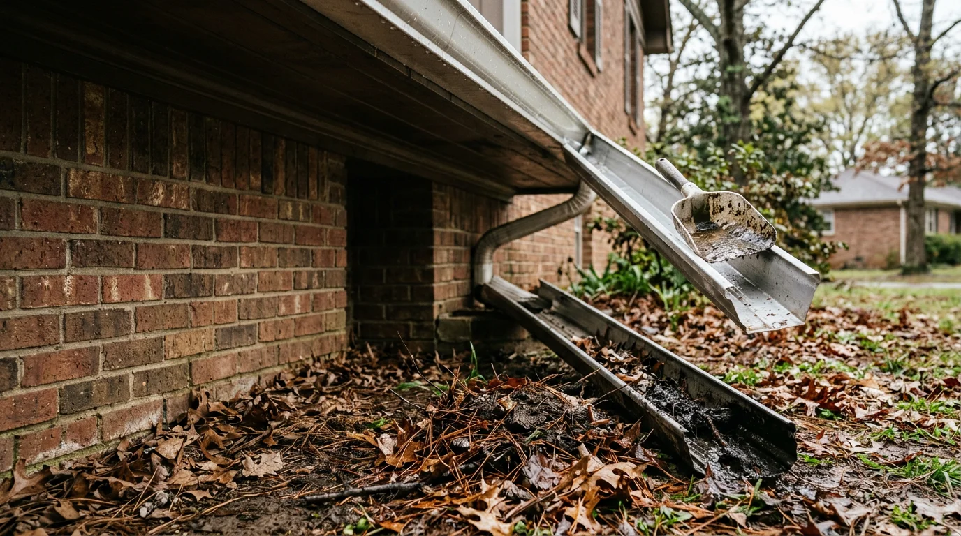 A roofing technician removing packed oak leaves and sweetgum debris from a residential gutter channel in Little Rock, Arkansas. The cleaned gutter section shows clear, open drainage ready for the next rainfall.