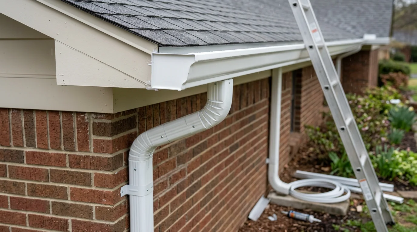 Newly installed gutters along the roofline of a residential home in Little Rock, Arkansas, with downspouts positioned to direct water away from the foundation. The installation shows clean gutter runs fitted to the eave line against a typical Central Arkansas residential exterior.