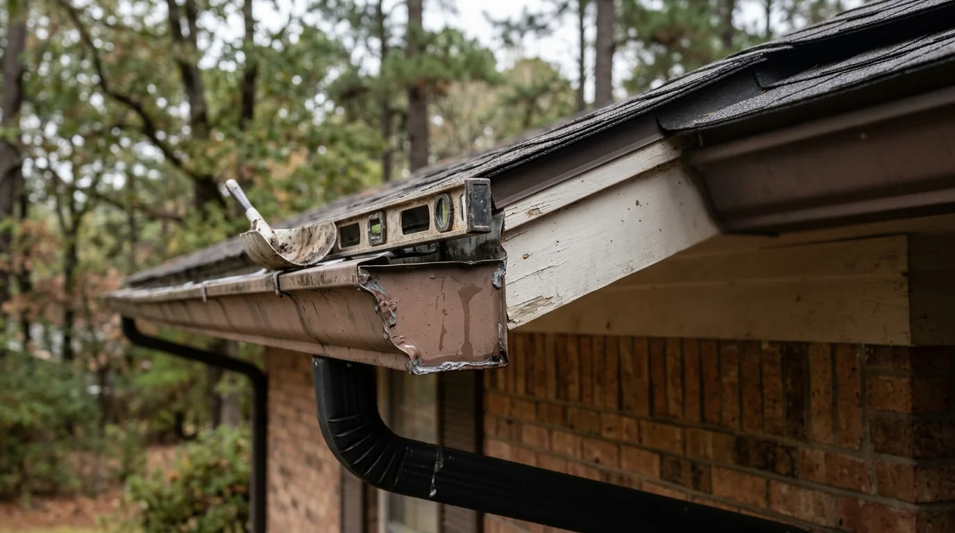 A roofing technician inspecting and resealing gutter joints on a residential home in Little Rock, Arkansas. The gutters run along a shingled roofline with oak trees visible in the background.