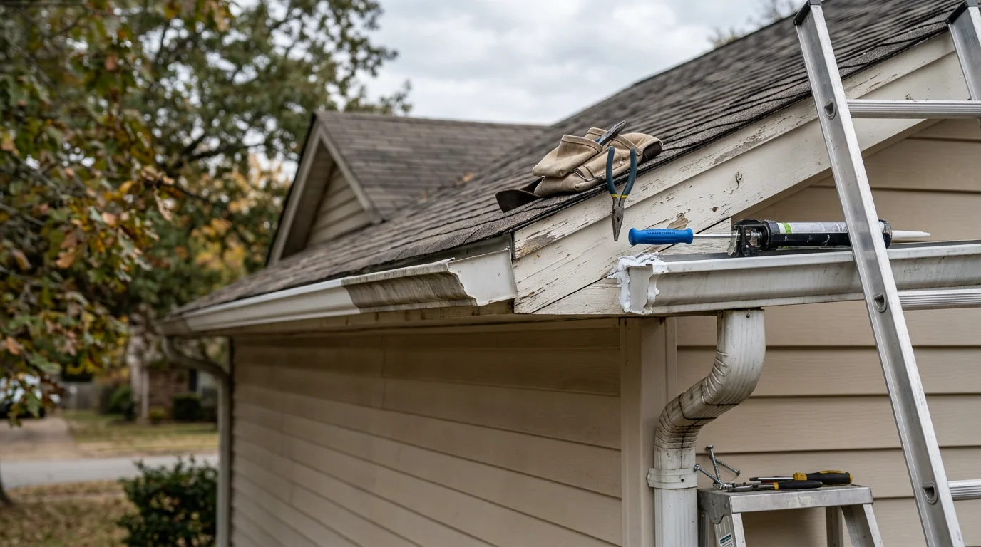 A Koon Roofing and Restoration crew member resealing a leaking gutter joint on a residential home in Little Rock, Arkansas. The repaired section shows a properly seated hanger and clean fascia board with no visible water staining.
