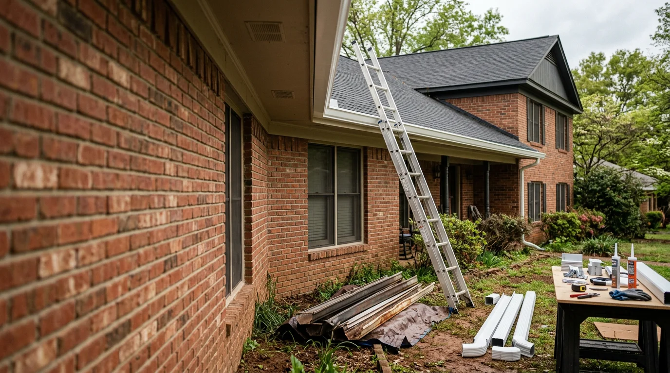 A Koon Roofing and Restoration crew completing a full gutter replacement on a single-story home in Little Rock, Arkansas. New gutters run cleanly along the roofline with downspouts directed away from the foundation.