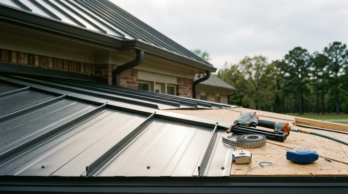 Completed standing seam metal roof installation on a residential home in Little Rock, Arkansas. The finished roof shows clean panel lines and tight seams suited to the region's heavy rain and storm seasons.