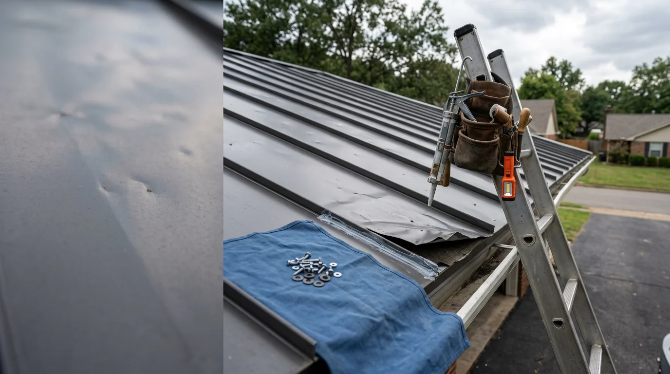A metal roof on a residential home in Little Rock, Arkansas showing repaired panel seams and flashing after hail and wind storm damage. Close-up view of the ridge cap and panel surface following professional repair work by Koon Roofing and Restoration.