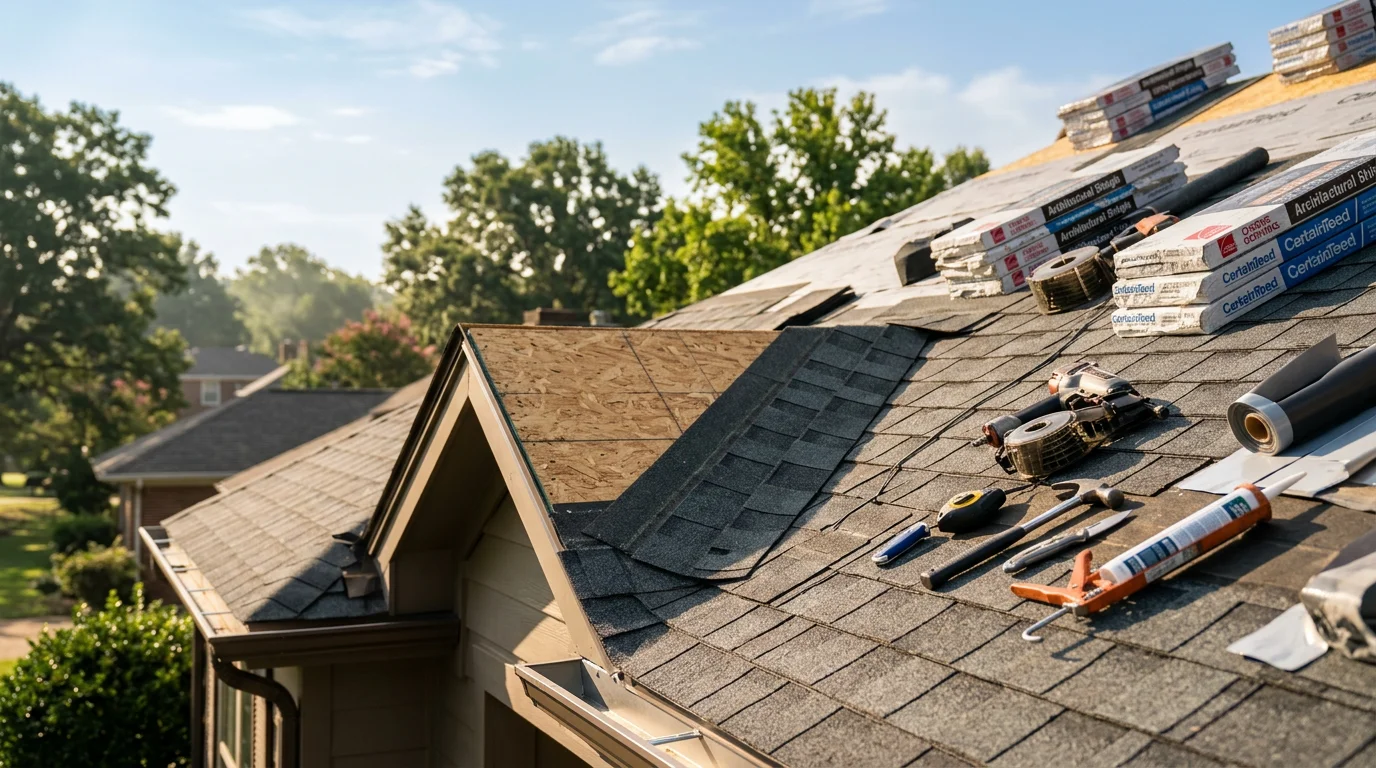 A residential roof on a single-family home in Little Rock, Arkansas, showing a completed shingle installation with clean ridge lines and properly seated flashing. The surrounding tree canopy and neighborhood rooftops reflect the Central Arkansas residential setting.