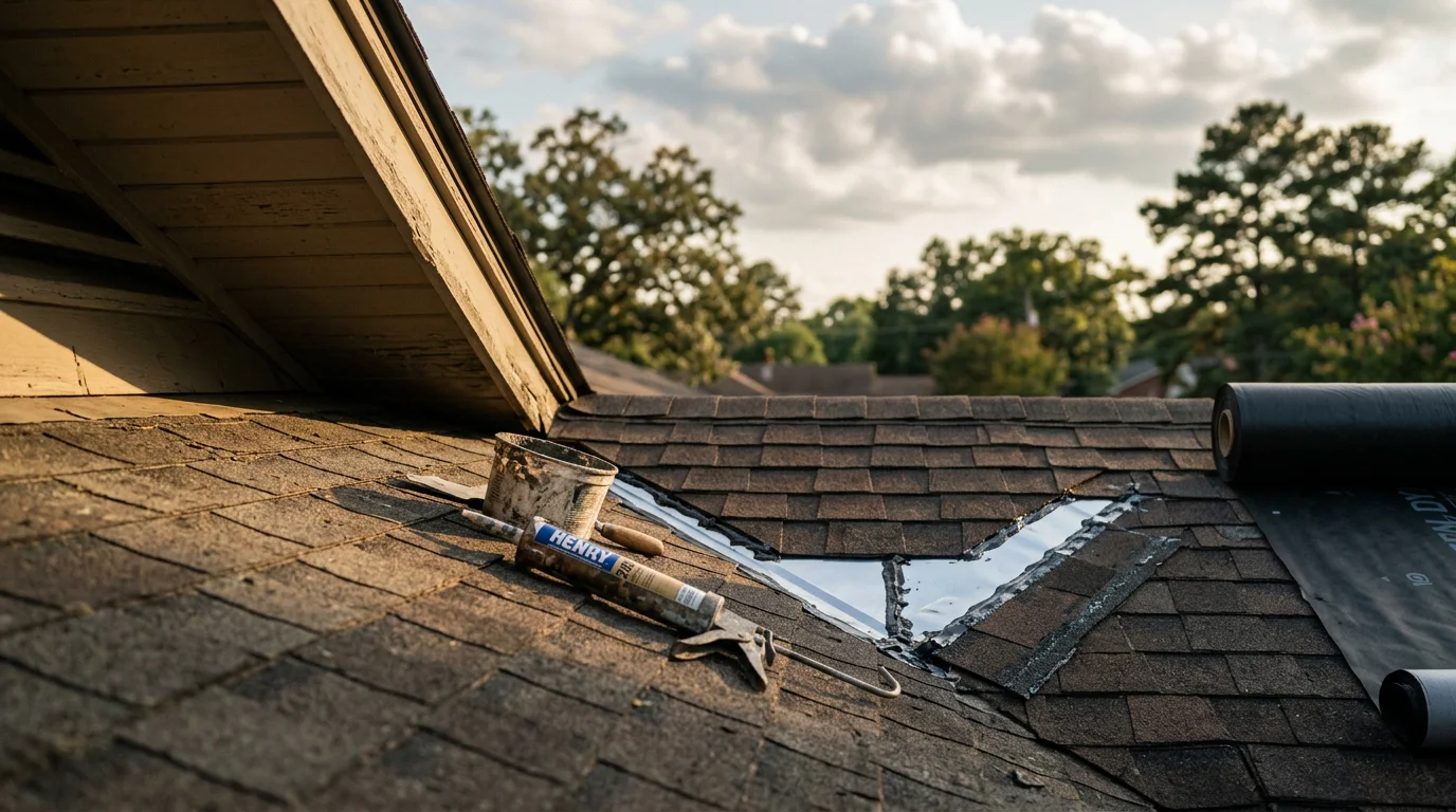 A roofer inspecting and repairing storm-damaged shingles on a residential home in Little Rock, Arkansas. Close-up view shows lifted and missing shingles being replaced on a sloped roof under a clear sky after a severe weather event.