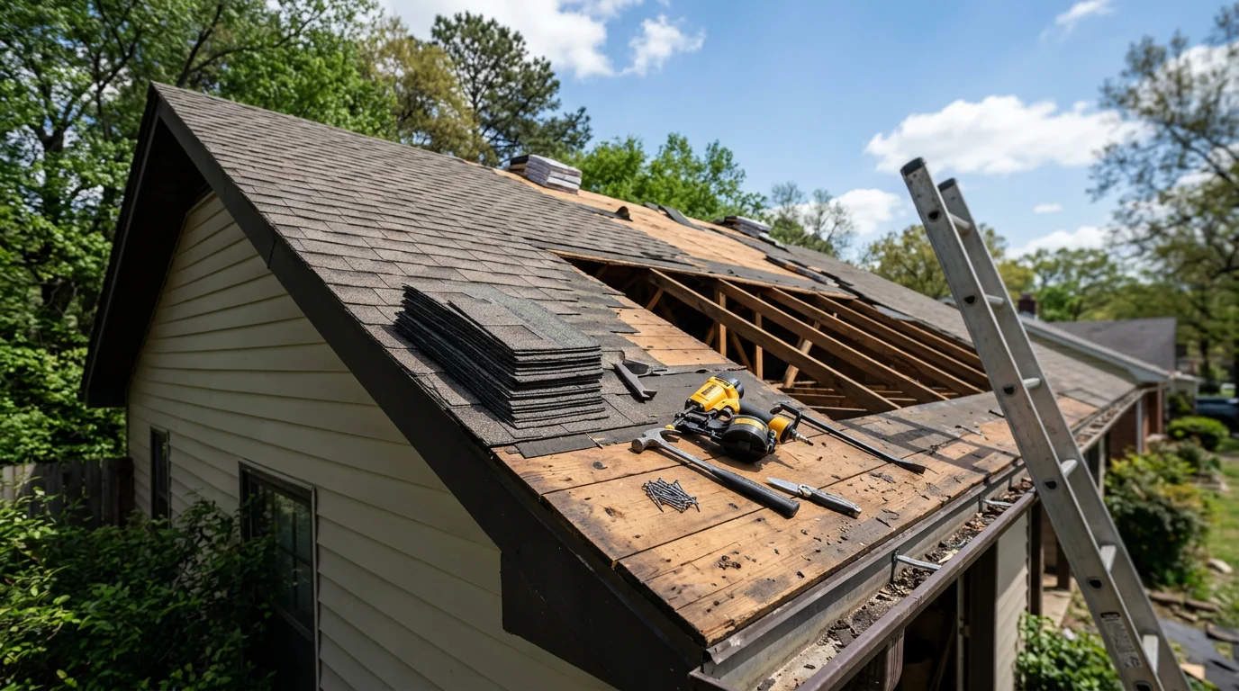 A freshly completed roof replacement on a residential home in Little Rock, Arkansas, showing new shingles installed across the full roofline. A Koon Roofing and Restoration crew works on the job site against a clear Central Arkansas sky.
