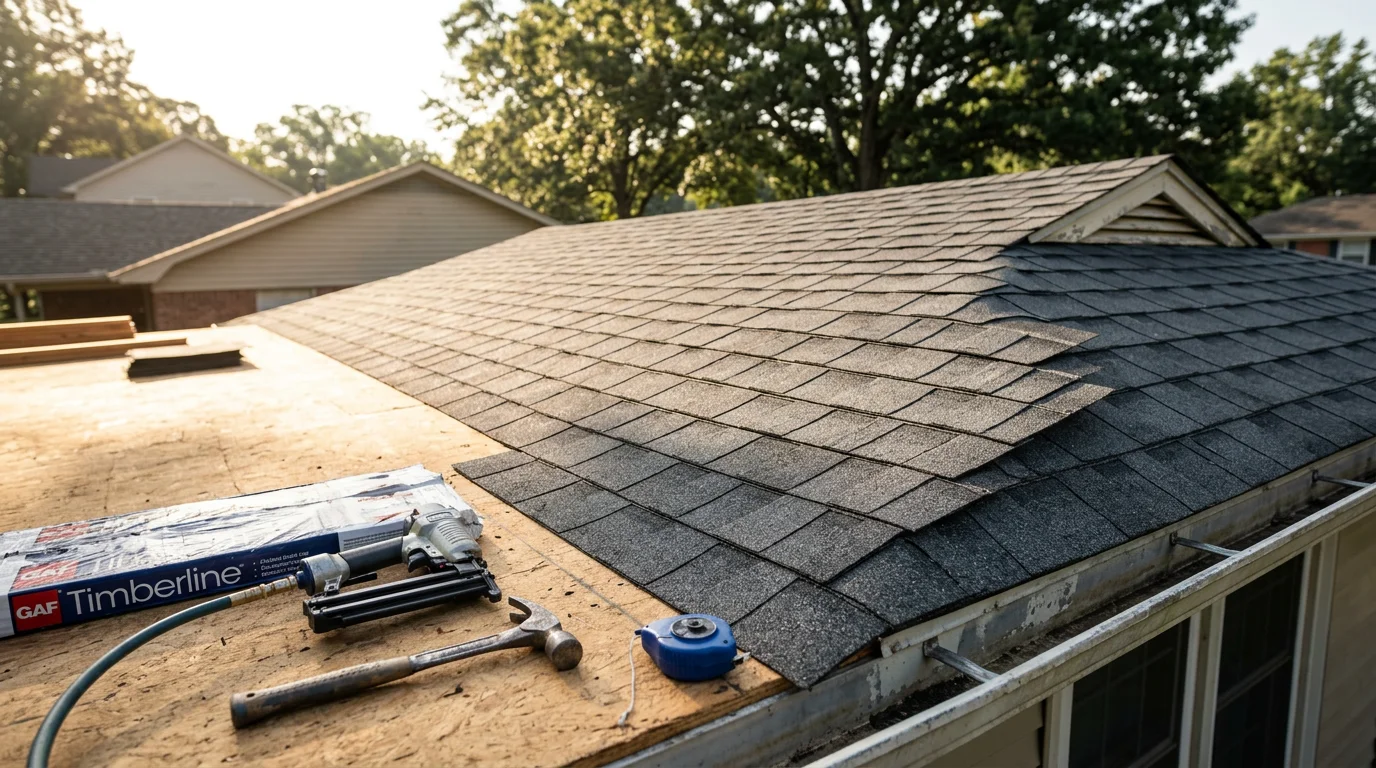 A newly installed shingle roof on a residential home in Little Rock, Arkansas, showing clean ridge lines, uniform shingle courses, and finished flashing around the roof penetrations. The surrounding neighborhood reflects a typical Central Arkansas residential street.