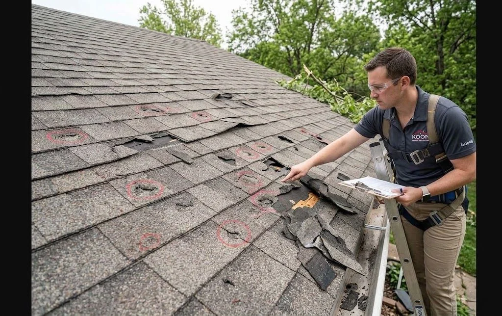 A residential roof in Little Rock, Arkansas showing storm damage assessment in progress, with a roofer inspecting shingle impact points and displaced ridge caps after a severe weather event.